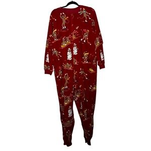 Nick & Nora One Piece Fleece Pajamas Sleepwear Red Sock Monkey Snowman Print‎ XL